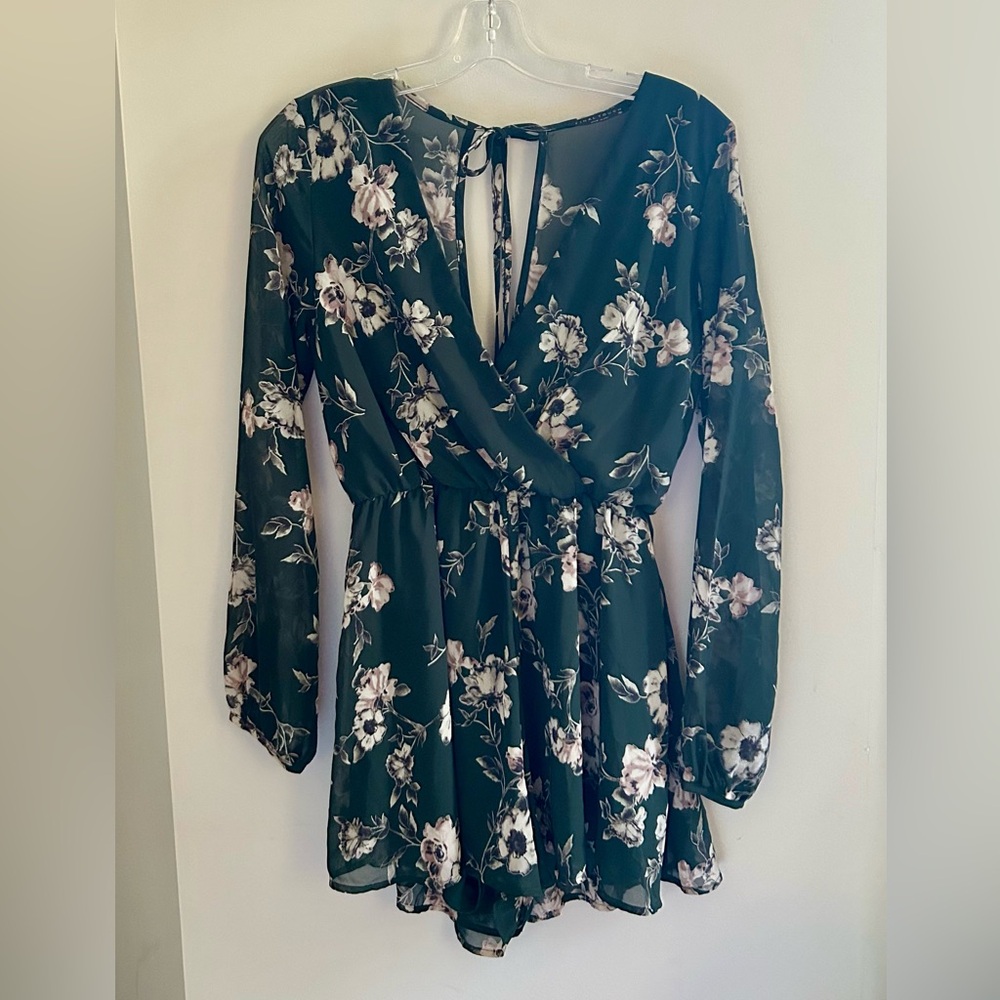 Final Touch Forest Green Floral Long Sleeve Romper with Back Ties